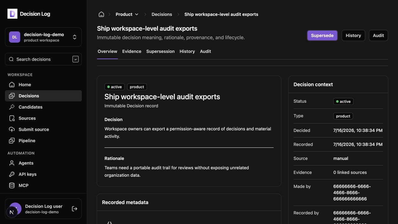 Decision Log decision detail showing the active record, rationale, lifecycle tabs, and decision context